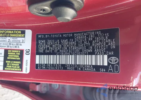 2016 Toyota Corolla Le из США, поврежденный, VIN 2T1BURHE1GC562071